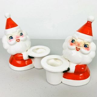 2 Vintage Holt Howard Blue Eyed Ceramic Santa Christmas Candle Holders Japan Mcm