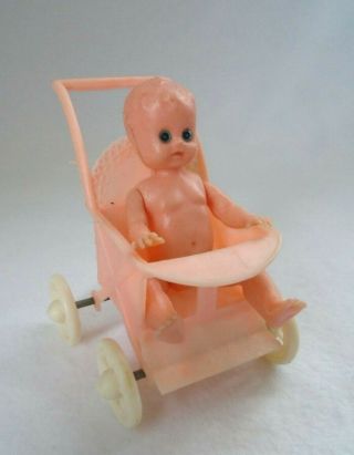 Vintage 3 " Plastic Jointed Blue Eyes Baby Doll & Pink Stroller