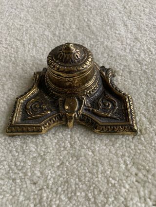 Beautifully Crafted Vintage Brass Inkwell With Unique Embossed Design