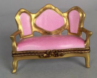 Limoges Trinket Box - Pink Gilt Settee Loveseat Sofa - Hand Painted Signed 212