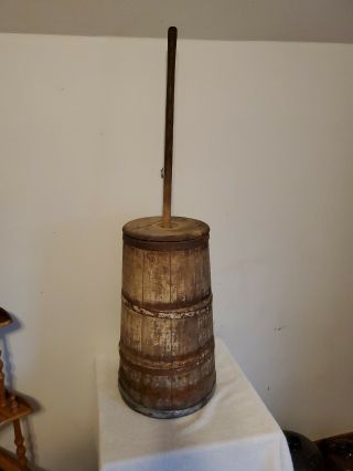 Vintage Wooden Butter Churn Bands,  Dasher & Lid 41 " Tall W/ Dasher
