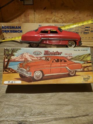 Vintage 1950s Red Pontiac Nos Minister Delux Toy Friction Toy Car W/ Box