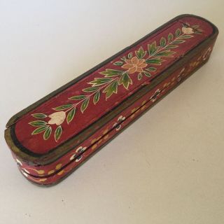 Antique Vintage Hand Painted Wood Pencil Box // Four Compartments