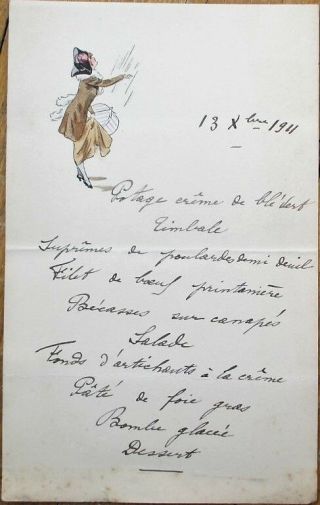 Menu: French 1911 Handwritten - Woman W/hatbox In The Rain Vignette