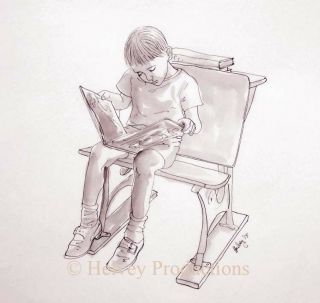 Boy Reading A Book,  Collectible Fine Art Drawing,  Signed One - Of - A - Kind Helvey