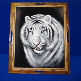 Vintage White Tiger Oil Painting On Black Velvet