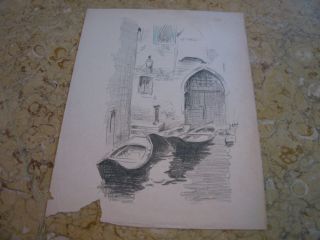 Vtg Antique Early 20th Cent.  E A Trego Charcoal Drawing Of Building & Water