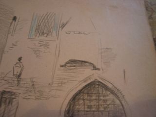 Vtg Antique Early 20th Cent.  E A Trego Charcoal Drawing of Building & Water 3