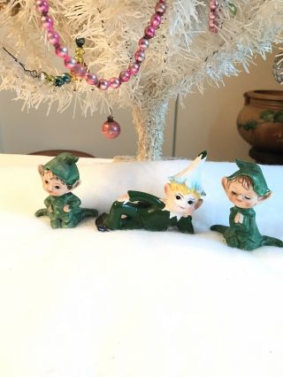 3 - Vintage Japan Ceramic Green Christmas Praying Pixie Elf; Brinns Of Pittsburg
