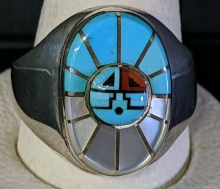 Vintage Zuni Sterling Silver Turquoise Coral Mop Sun Face Inlay Ring Size 9 1/2