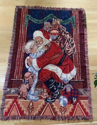 Vintage Santa Claus Child Holiday Christmas Tapestry Throw Blanket 60 X 48