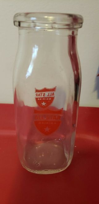 All Star Dairy Half Pint Glass Milk Bottle Clear With Red Crest