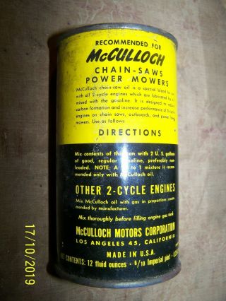 VINTAGE 1950 ' s McCULLOCH CHAINSAW OIL CAN WITH FLYING GOOSE FULL CAN 2