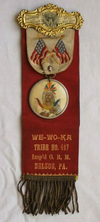 Vintage Improved Order Of The Red Men Nelson Pennsylvania Tribe 417 Ribbon Badge
