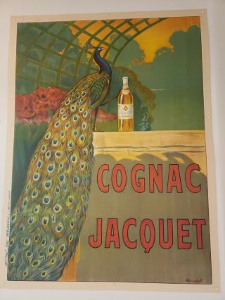 47x63 Vintage French Liquor Poster Cognac Jacquet Peacock Bouchet Linen