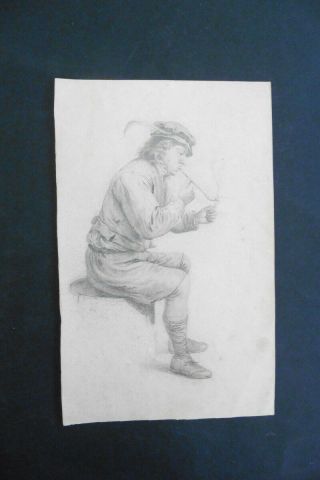 French School 19thc - Portrait Pipe Smoking Man - Subtile Pencil Drawing