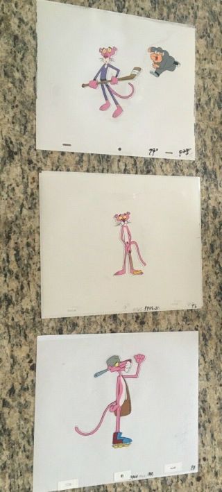 3 Pink Panther,  Production Cel,  Hand Painted Matching Pencil Drawing