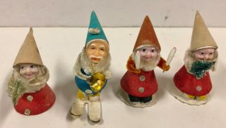 4 Vintage Chenille Mica Putz Elf Gnome Christmas Ornaments Japan