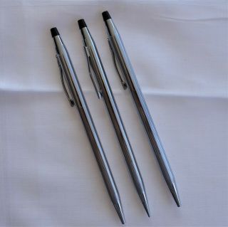 Vintage Cross Century Polished Chrome 2 Pens And 1 Pencil Black Ink