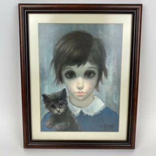 Keane Big Eyes Girl & Her Cat 1961 Matted Framed Print Kitsch Art Mid Century
