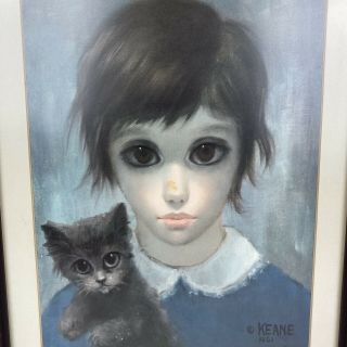 Keane Big Eyes Girl & Her Cat 1961 Matted Framed Print Kitsch Art Mid Century 2