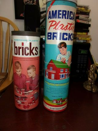 Two Vintage American Plastic Bricks Building Toys,  Canisters - No.  705 & No.  715