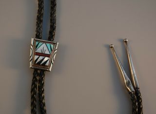Vintage Zuni Indian Silver Inlay Bolo Tie - Hand Chiselled Border