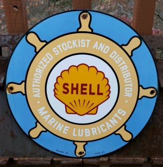 Old 1921 Shell Marine Lubricants Porcelain Gas & Oil Pump Advertising Sign