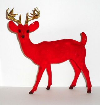Vintage Christmas Reindeer Flocked Red Gold Antlers 7.  5 Inches Tall Large Deer
