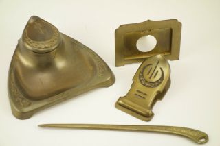 Antique Arts Crafts Brass Desk Set Inkwell Paper Clip Letter Opener Card Holder