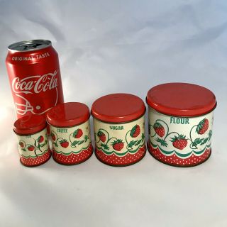 1950s Vintage Wolverine Toy Tin Litho Canister Set 4 Piece Red Strawberry.