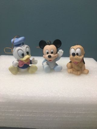 Set Of 3 Disney Babies Mickey Mouse Pluto Donald Duck Bisque Porcelain Ornaments