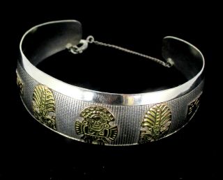 Vintage Peru 18k Gold 925 Sterling Silver Inca Maya Aztec Deity Cuff Bracelet