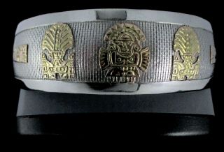 Vintage PERU 18k Gold 925 Sterling Silver Inca Maya Aztec Deity Cuff Bracelet 3