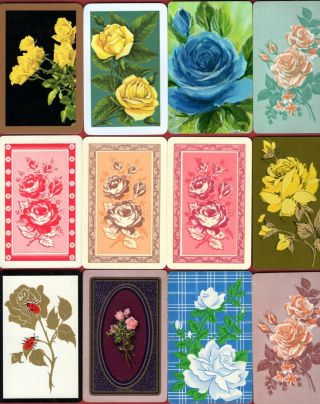 12 Single Swap Playing Cards Roses Yellow Blue White Pink Flowers Deco Vintage