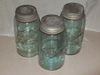3 Vintage Ball 3 L Loop Mason Blue Quart Canning Jars Zinc Lid