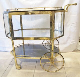 Vintage French Empire Style Brass / Bronze / Glass Dessert Drinks Cart C.  1940s