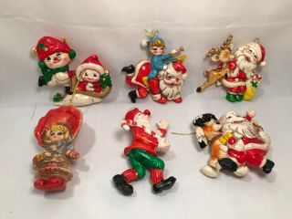 6 Vintage Blow Mold Plastic Christmas Tree Ornaments Santa Elf Snowman Kid Japan