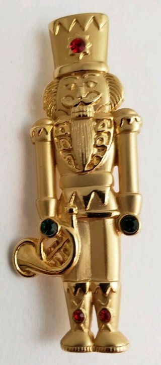 Nutcracker Christmas Pin Gold Brooch W/ Rhinestones Jj Holiday Toy Soldier Pin