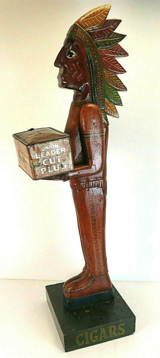Vintage Wood Cigar Ship Indian Statue W/ Union Leader Tin Bank Box