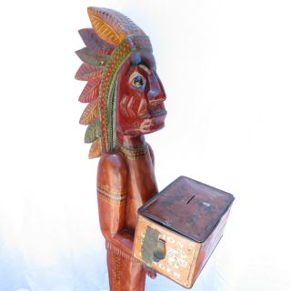 Vintage Wood Cigar Ship Indian Statue w/ Union Leader Tin Bank Box 3