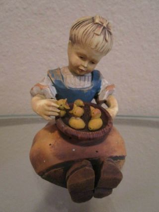 Vintage Anri Italy Carved Wood Girl With Baby Chicks Figurine