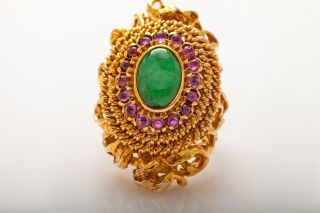 Vintage 1960s 7ct Natural Green Jade Ruby 18k Yellow Gold Big Ring Custom 23g