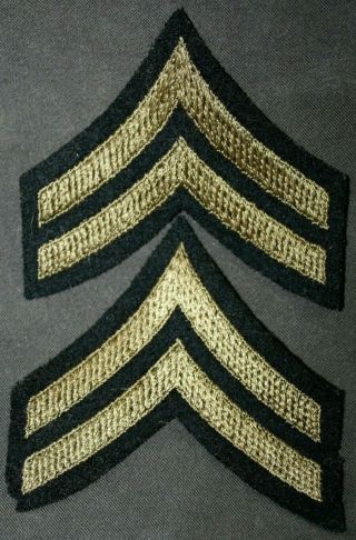 Pair Ww2 Wwii U.  S.  Army Corporal Rank Olive Thread On Dk Blue Wool Felt