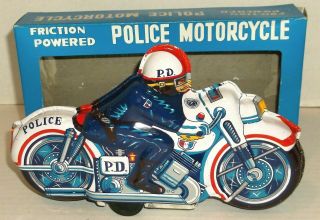 1960s Japan Tin Litho 9 " Police Motorcycle Friction Motor Mib Nos Dime Store Toy