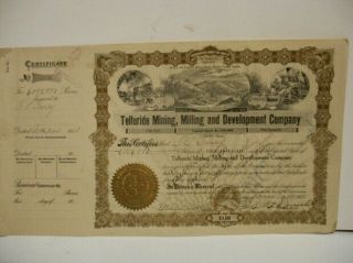 Telluride Mining,  Milling & Development Company Stock Certificate Nov 2,  1910