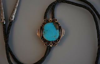 Vtg Navajo Indian Silver Bolo Tie - Turquoise Stone - Engraved Tips