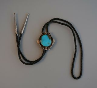 Vtg Navajo Indian Silver Bolo Tie - Turquoise Stone - Engraved Tips 2