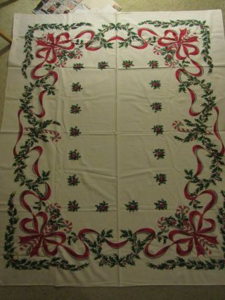 Vtg Christmas Tablecloth - Red Ribbon Among Holly & Candy Canes 59 X 50 In