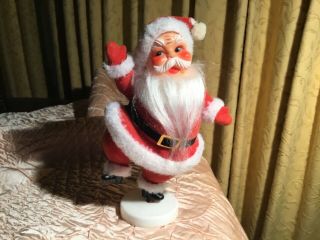 Vtg Flocked Dancing Santa Claus On Stand Plastic Face 9 " Tall Made In Hong Kong